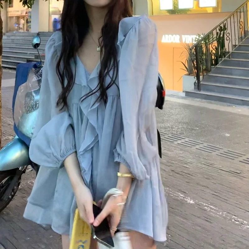 Купи Autumn Sweet Elegant Chiffon Blouse Women Blue Casual Korean Fashion Blouse Female Ruffle High Street Designer Clothing New за 1,185 рублей в магазине AliExpress