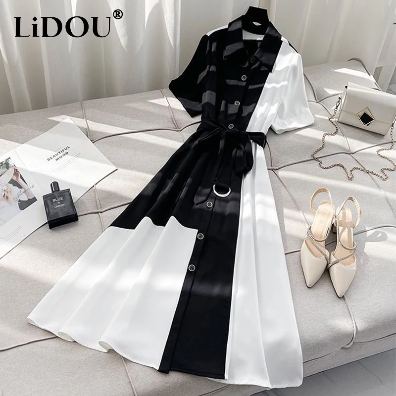 

2023 Summer Polo-neck Elegant Fashion Patchwork Dress Ladies Shorts Sleeve Single Breasted Shirt Vestidos Women's Casual Robe