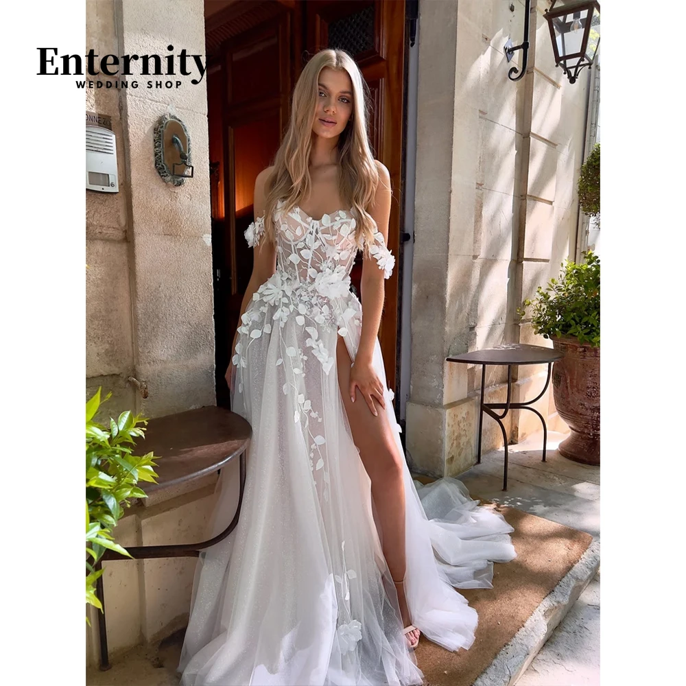

Princess A Line Wedding Dresses For Bride Beach Front Slit Vestidos De Novia Lace Appliques Bridal Dress Backless Bridal Gown