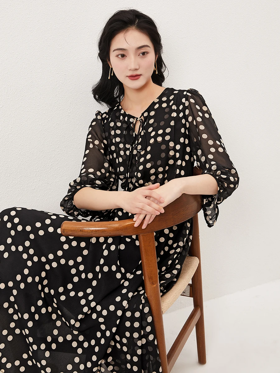 

Design Chiffon Dresses for Women 2023 Dot Print A-LINE Mid-Calf Lantern Three Quarter Sleeve Vestidos Elegantes