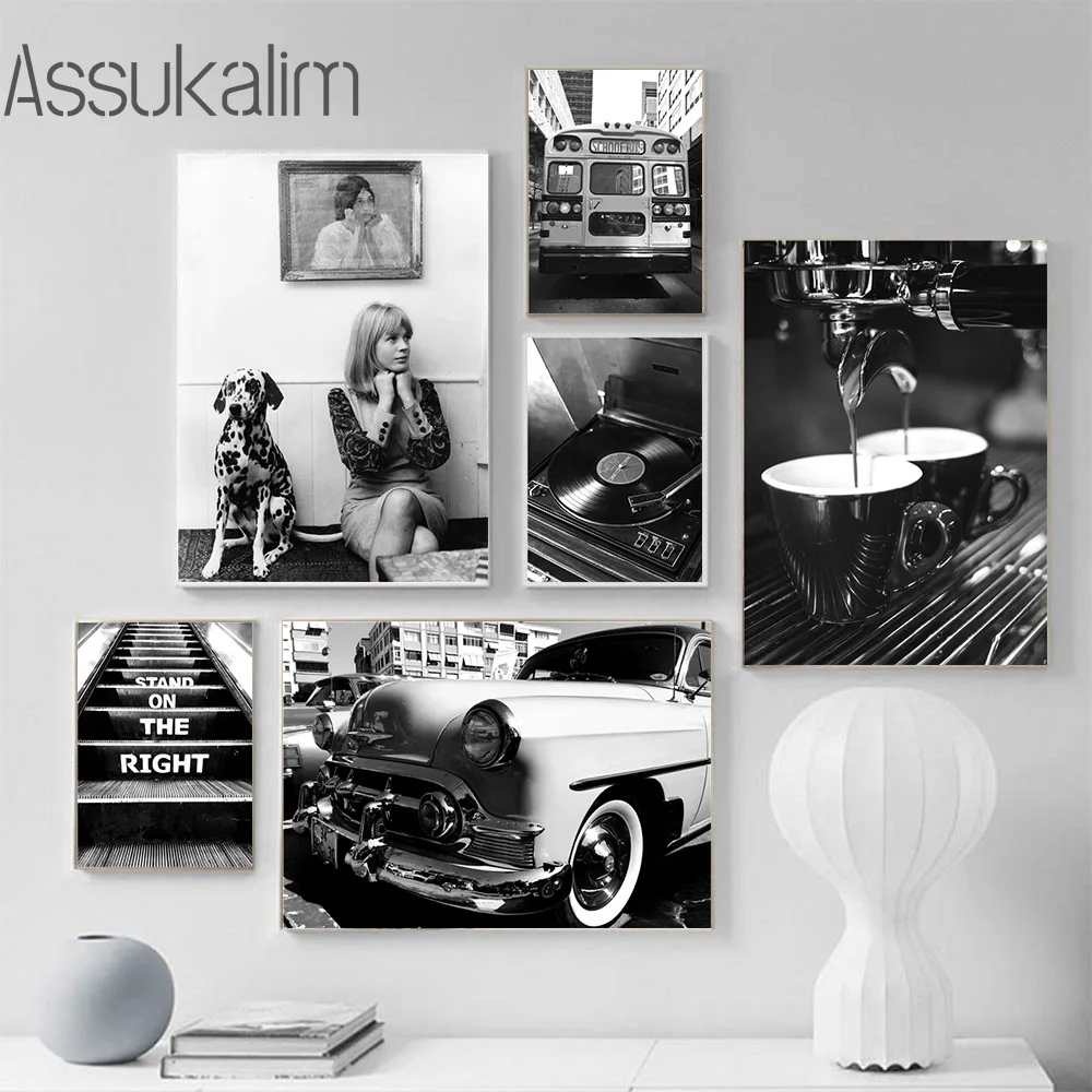 

Черно-белые художественные принты, картины на холсте автомобиля, музыкальный диск, настенная живопись, модные настенные постеры для девоче...