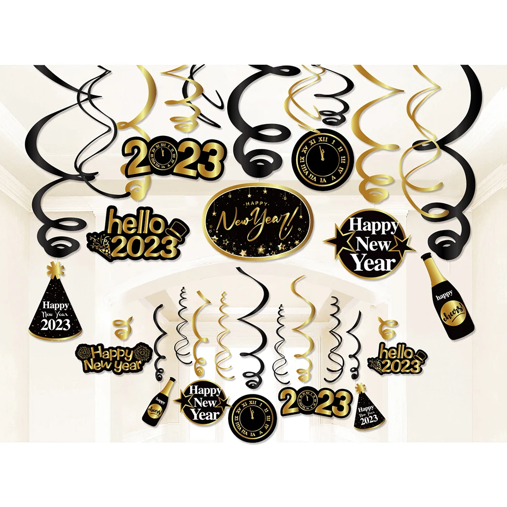 

30pcs/set Champagne Hello 2023 Happy New Year Party Wall Ceiling Hanging Swirls Spirals Christmas Party Supplies Decorations