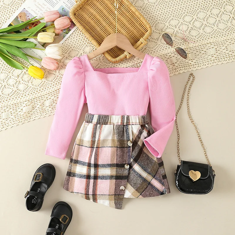 

Toddler Baby Girl 2 Piece Plaid Skirt Fall Winter Outfits Long Sleeve Ribbed Tops Button Skirt Clothes Set
