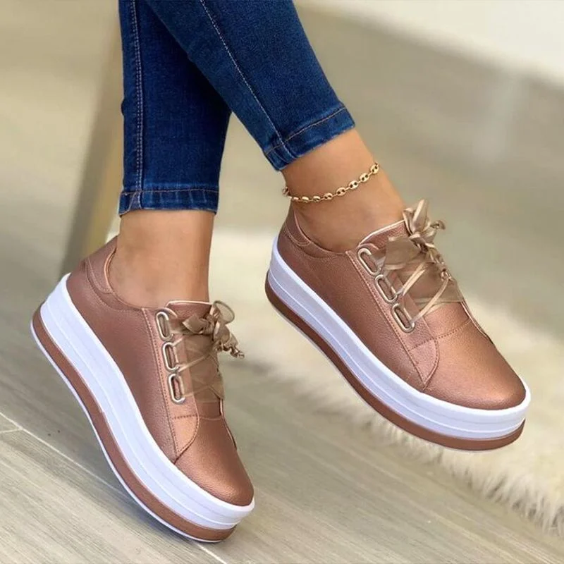 Woman Casual Sneakers Women Shoes Round Toe Platform Shoes Lace Up Tennis Female Vulcanized Shoes Solid Color Ladies Loafers