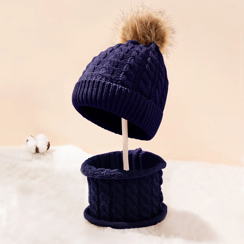 

Autumn Winter Children's Knitted Hat Pom Pom Ball Woolen Hat with Scarf Suit Newborn Baby Cute Knit Hat and Scarf 2pcs Set 0-3Y