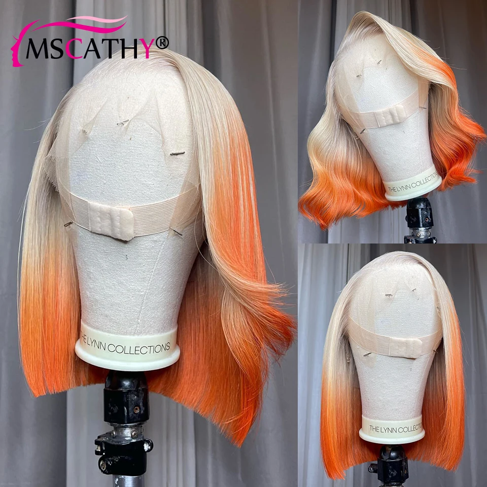 13x4 60 Ombre Orange Lace Front Bob Wig Human Hair Body Wave Lace Closure Wig Short Straight Bob HD Transparent Lace Frontal Wig