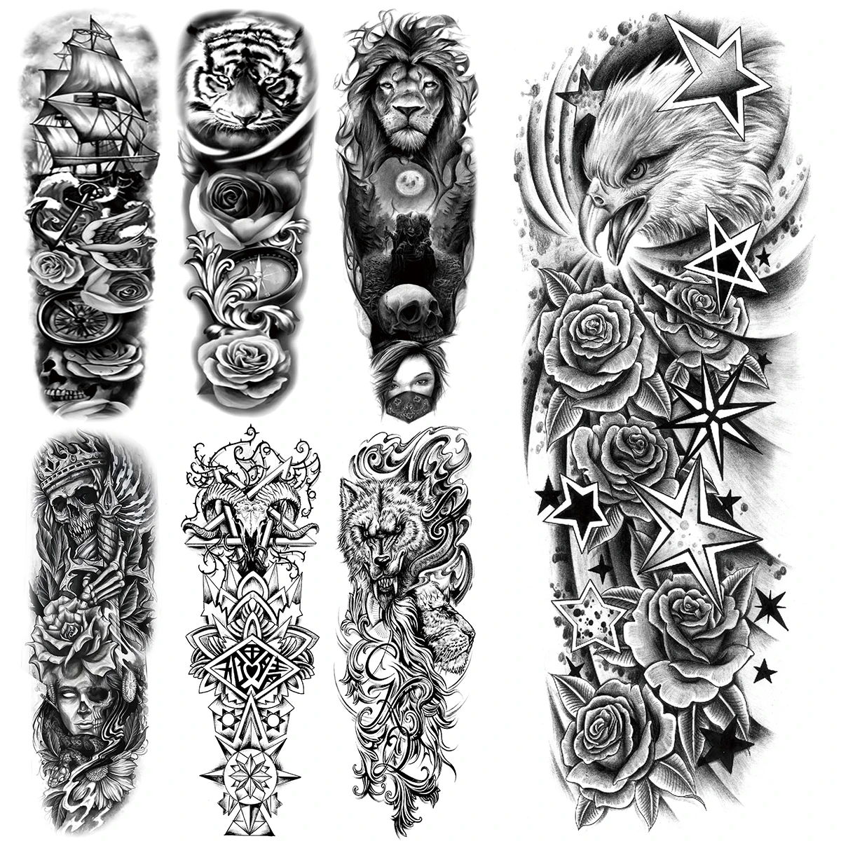

Временные татуировки с полным рукавом для женщин и мужчин, розы, пиратские корабли, львы, тигры, скелеты, компас, имитация татуировки, наклей...