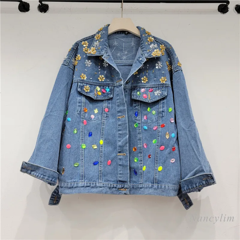 

2023 Autumn New Heavy Industry Color Gem Diamond Elegant Loose Slimming Washed Denim Jacket Women Blue Jean Coat Jaquetas