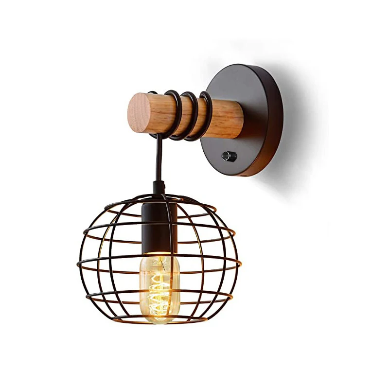 

Vintage Wall Lamp Iron Art Black Round Wooden Light Hotel Room Cafe Resturant Stair Corridor Bedroom Bedside Wall Light Sconce
