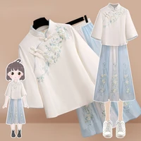 summer hanfu women flower embroidery short sleeve shirt skirt set cheongsam improved chinese style girl chiffon vintage suit