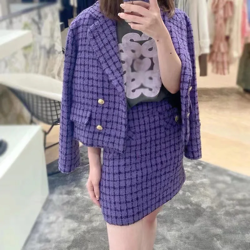 

2022 Autumn and Winter New Color Matching Tweed Purple Checkboard Pattern Women Jacket Coat Mini Skirt