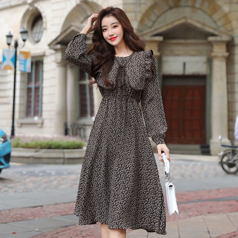 

Korean Fashion Floral Dress 2022 Spring Summer Sweet Ruffles Harajuku Causal Woman Clothes Office Elegant Carnival Outfit Black