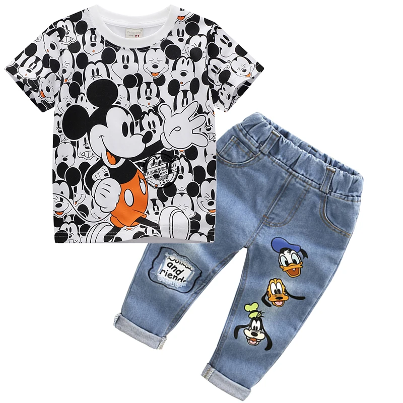 Summer Baby Girls Boys Clothing Set Kids Cartoon Minnie Mickey Mouse T-shirt + Jeans Pants 2Pc for Children Tracksuits Clothes