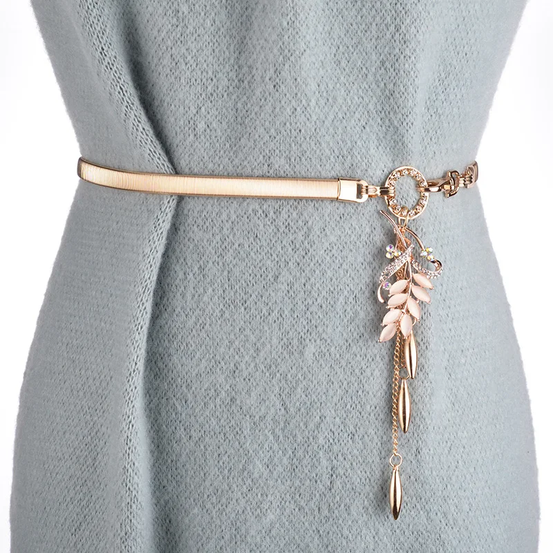 

Стразы с подвеской в виде листьев, тонкая цепочка на талию, женский пояс, эластичный Эластичный Повседневный Пояс с поясом для платьев и брюк