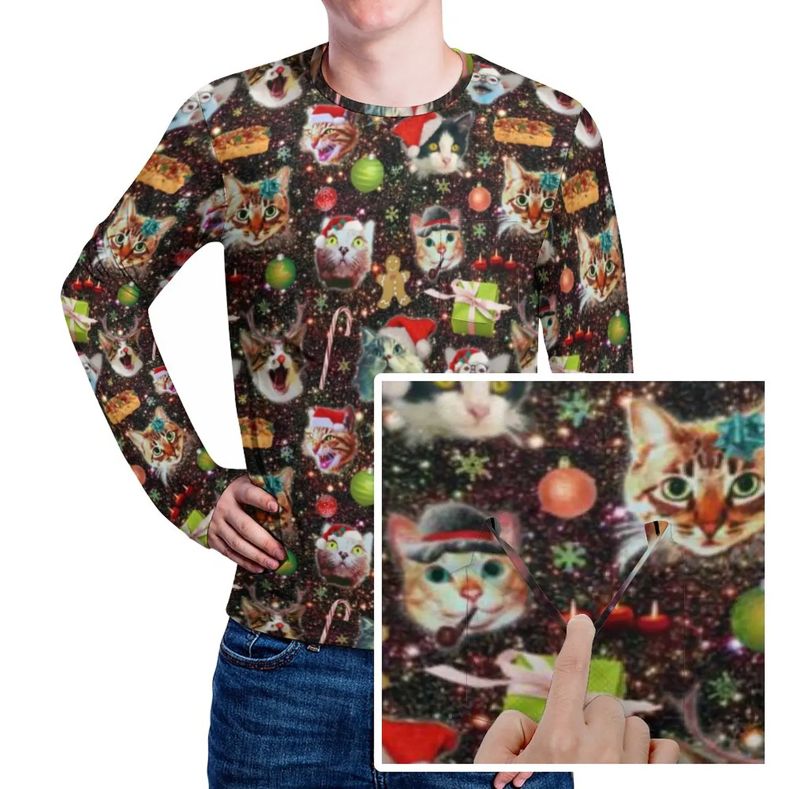 

Футболка мужская с забавным котом, праздничная Модная рубашка с карманом, с рождественскими кошками в космосе, Повседневная футболка с длин...