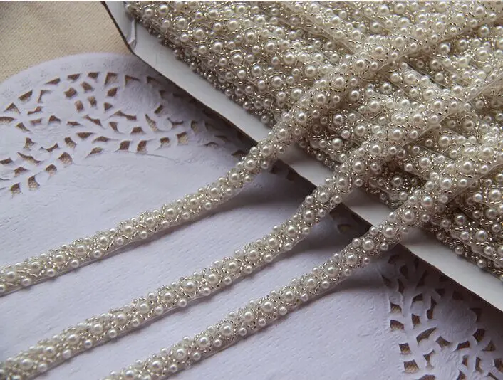 

7yards Width1cm Craft Braided Beaded Fake Pearls Rhinestones Trim Embroidered Trim Costume Applique Sewing on Trim