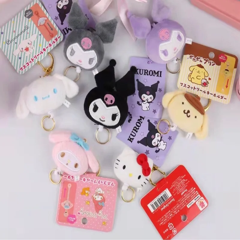 

New Kawaii Sanrio Plush Accessories KT Cat Mymelody Kuromi Cinnamoroll Cute Beauty Retractable Keychain Pendant Plush Girl