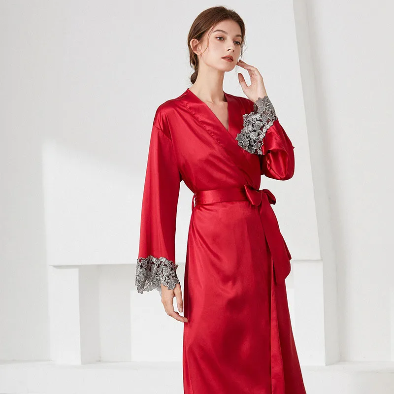 Women Women Silk Long Sleeve Surplice Nightgown Dress with Belt
