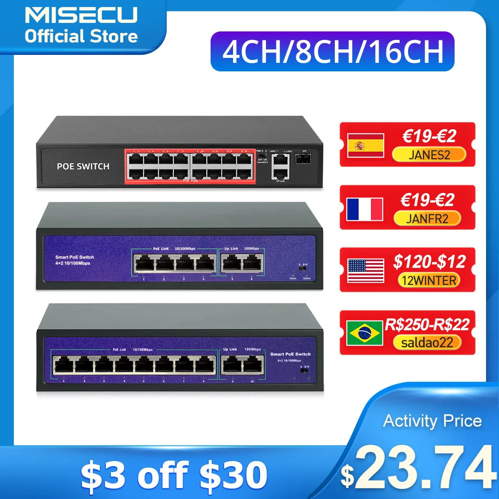 aliexpress.com - 48V Network POE Switch With 4/8/16CH 10/100Mbps Ports IEEE 802.3 af/at Over Ethernet IP Camera/Wireless AP/CCTV  Camera System