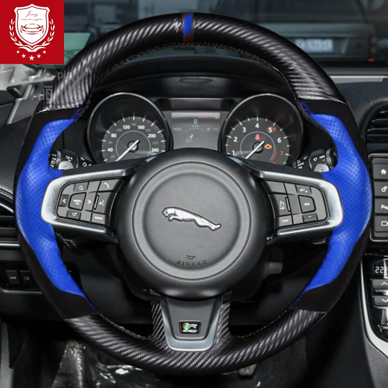 For Jaguar F-PACE F-TYPE XEL XF XFL E-PACE XJ DIY Black Suede Blue Leather Carbin Fible Car Steering Wheel Cover Car Accessories