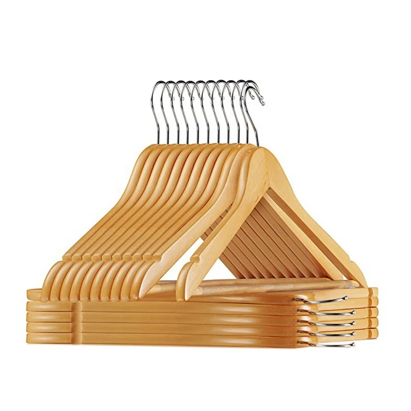 

Solid Wood Suit Hangers 15 Pack With Non Slip Bar And Precisely Cut Notches 360 Degree Swivel Chrome Hook Wooden Hangers