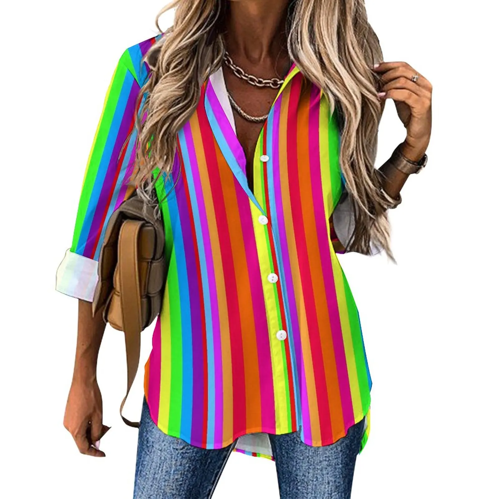 

Rainbow Striped Print Casual Blouse Long Sleeve Joyous Pride Trendy Blouses Female Street Style Oversized Shirt Graphic Clothing
