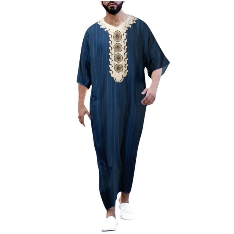 Men's Muslim Robe New Arab Ethnic Loose Relaxed V-neck Medium Sleeve Bodysuit