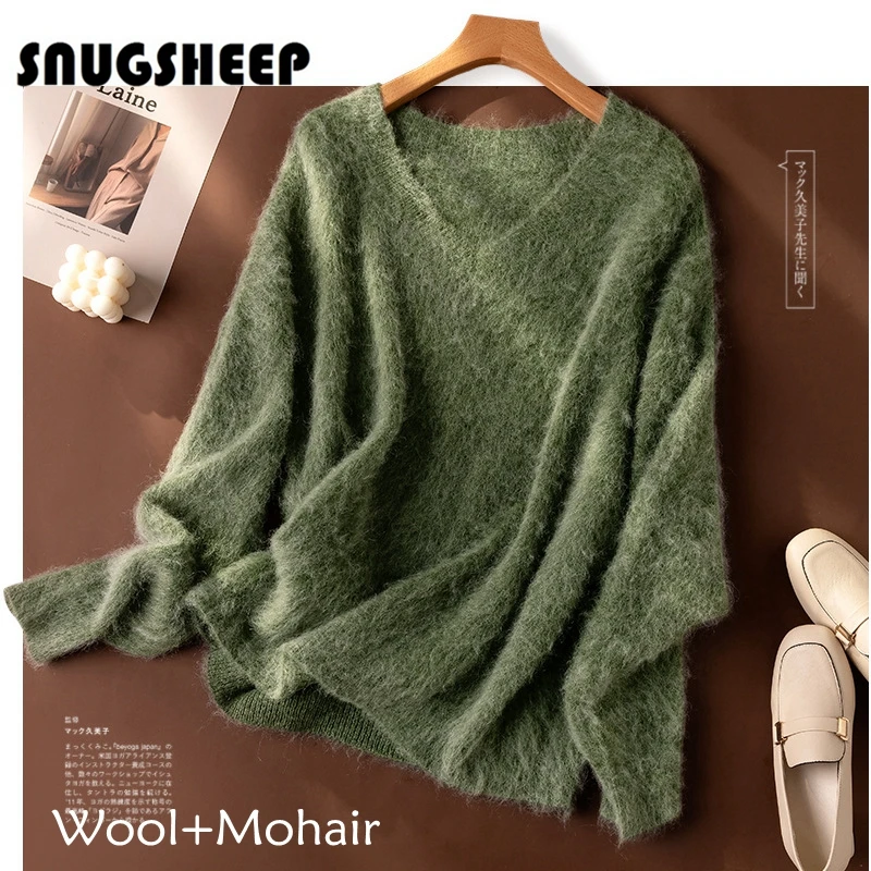 

mohair wool sweater v neck women green top fuzzy clothes autumn fashion casual baggy woman sweaters ladies pullover cute jumpers