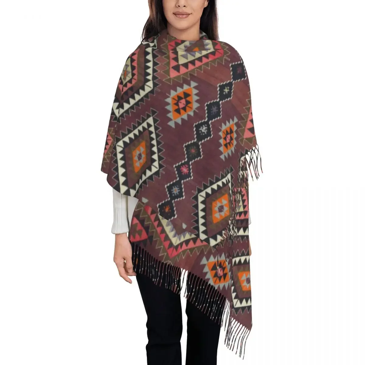 

Vintage Turkish Kilim Diamond Tribal Scarf Women Men Luxury Winter Shawl Wraps Bohemian Geometric Ethnic Art Tassel Wraps