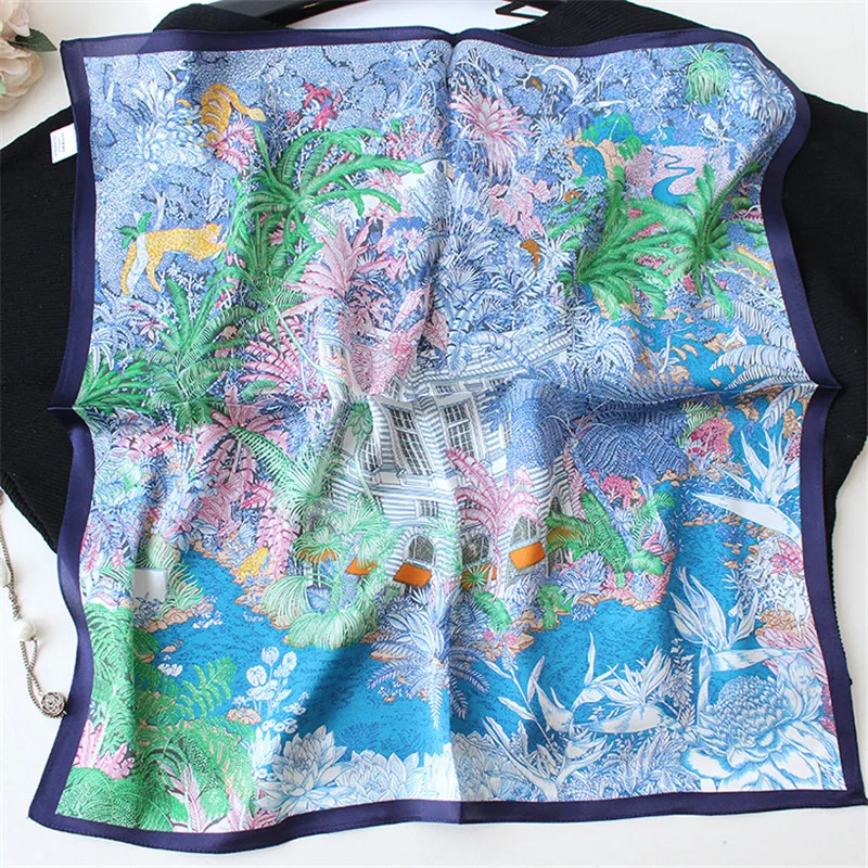 

New 100% Pure Silk Scarf Women Neck Hair Foulard Bandana Square Small Headband Hijab Rainforest Print Poncho Scarves Pashmina