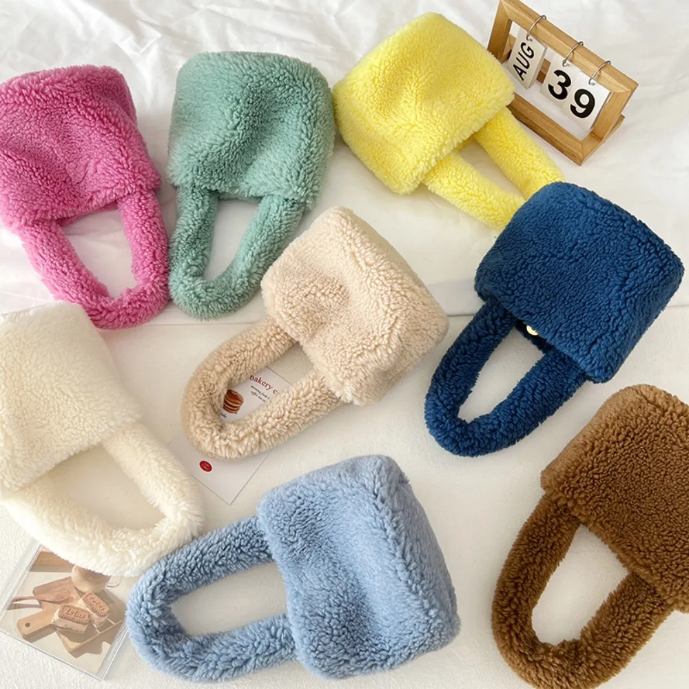 

Berber Fleece Plush Handbags New Cylinder Soft Faux Fur Bags Solid Color Handbag