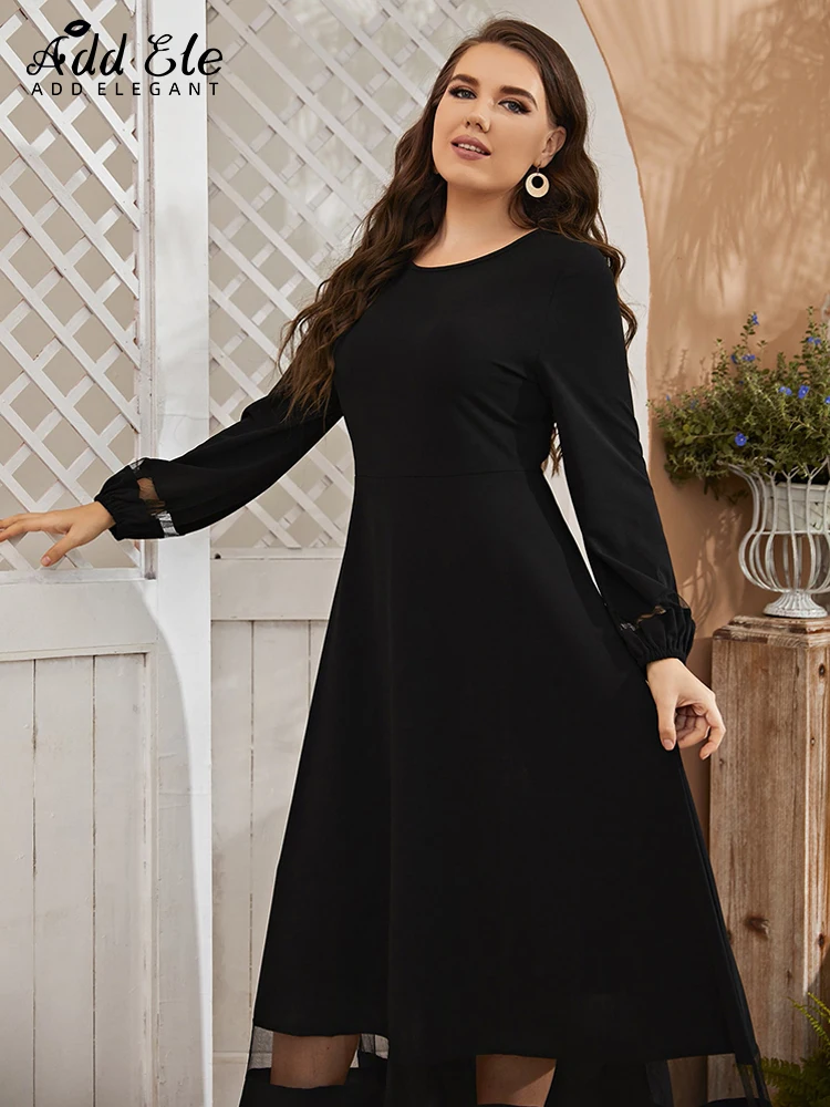 Add Elegant Plus Size Dress Women 2022 Autumn Gentle Casual O-Neck Stylish Gauze Long Lantern Sleeves Loose Clothing B709