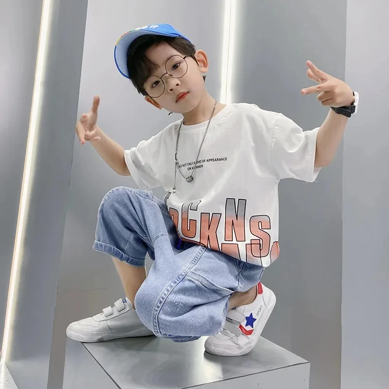 

Summer Kids Boys Clothes Set New Children's Short Sleeve T-Shirt Denim Shorts 2-Piece Teenage Boys Clothing Suit 3-12Y