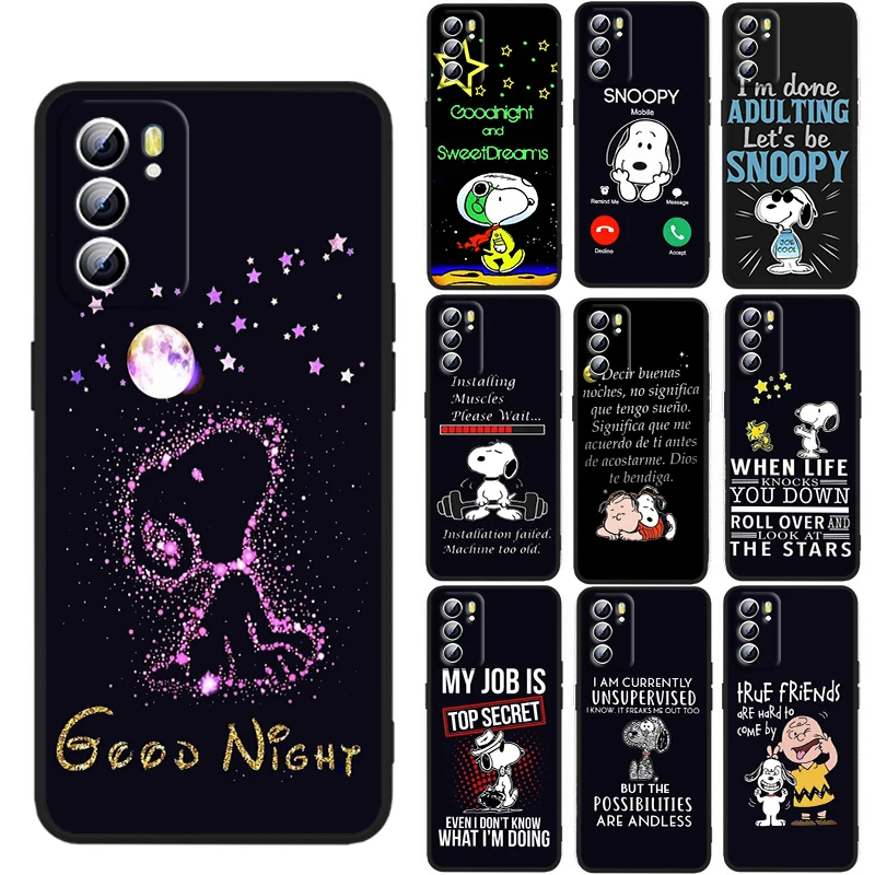 

Snoopy Creative Text For OPPO Reno 7 6 5 4 3 SE Z F Pro Plus 4G 5G Black Phone Case Silicone Cover Shell Funda Capa