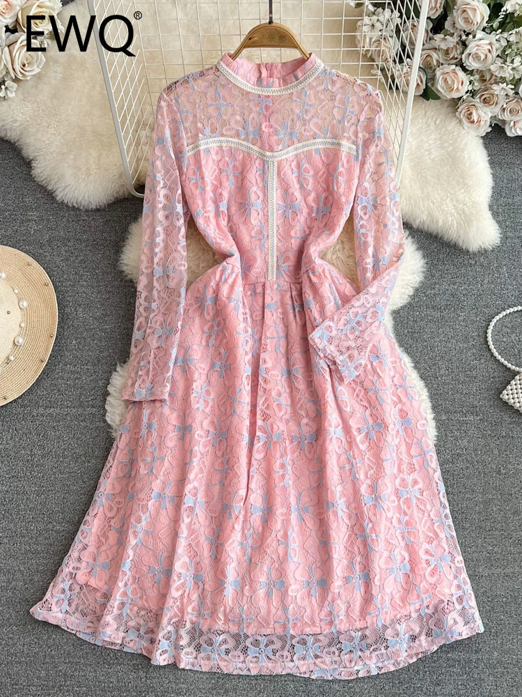 

EWQ Sweet Tender Stand Lace Patchwork Long-sleeve High Waist Contrast Color A-line Women's Dress 2023 Autumn New Dresses SN2814