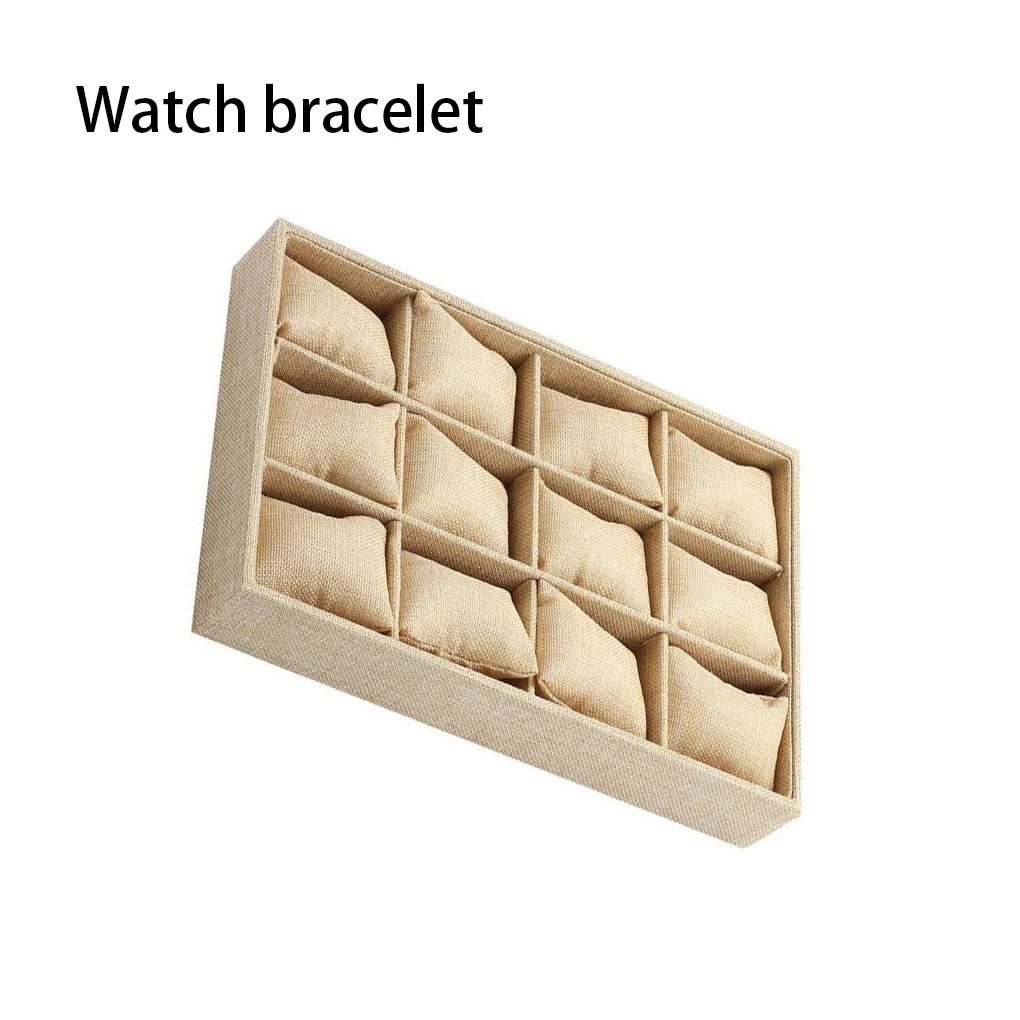 

Velour Linen Bracelet Box Bangle Watch Earring Tray 12 Grid with Pillow Jewelry Multifunction Storage Display Case
