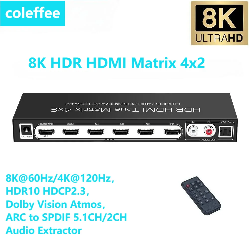 Матричный коммутатор 2.1 с 8K HDMI совместимый 4 входами 2 выхода ARC для SPDIF 2-канальный