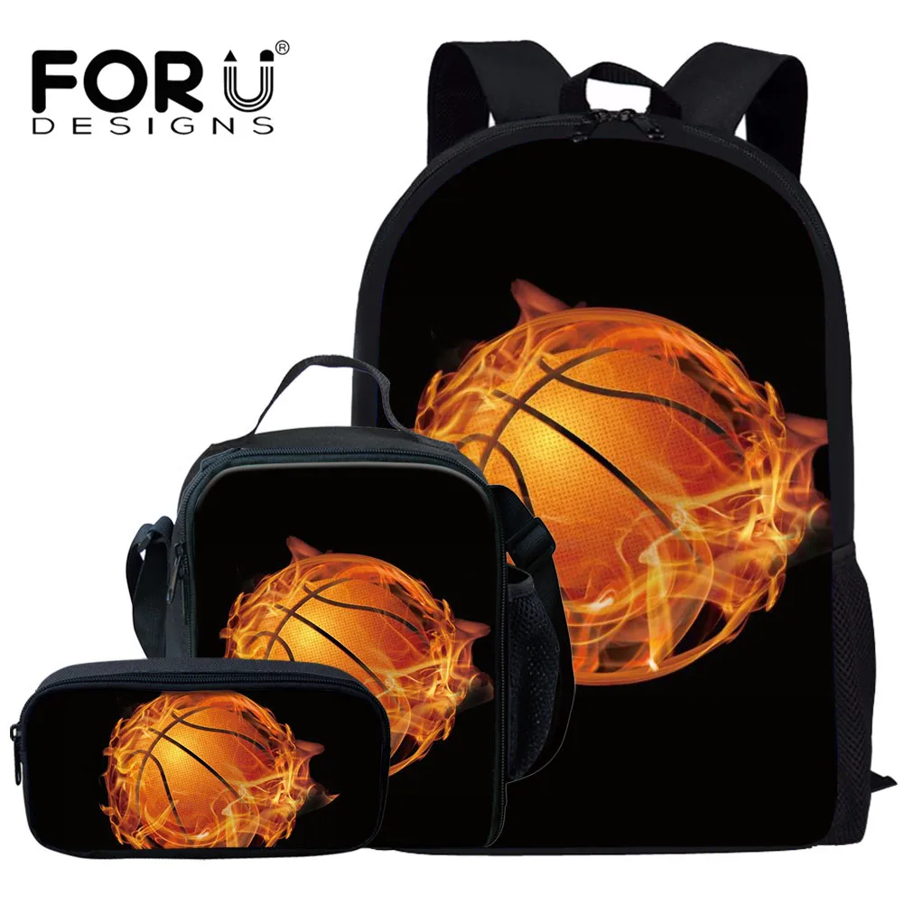 Молодежные школьные ранцы FORUDESIGNS, рюкзаки для баскетбола с эффектом пламени для подростков, мальчиков и девочек, комплект из 3 шт., рюкзак для...