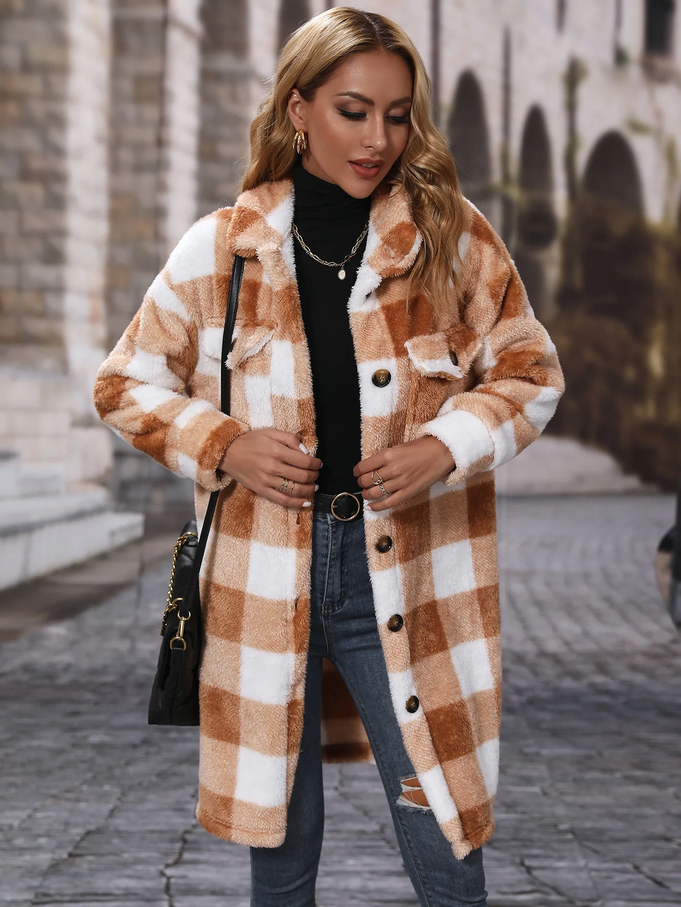 

Fashion autumn women's lapel long sleeve loose grid single breasted long plush casual coat