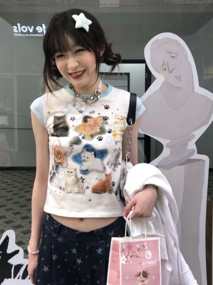 

Корейская мода новинка Y2k одежда с принтом в стиле пэчворк контрастных цветов с круглым вырезом Женский облегающий топ на лето