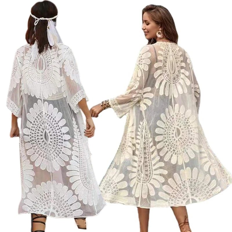 

Women Beach Swimsuit Cover Up 3/4 Sleeve Embroidery Sunflower Pattern Lace Kimono Cardigan V-Neck Ties Open Front Swimwear