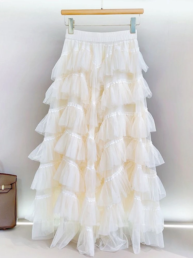LANMREM сетчатая юбка с волнами многослойные кружевные лоскутные пышные юбки