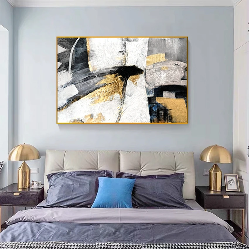 Одиночная Настенная роспись черный белый золотой лист ручная работа картина