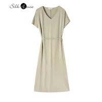 heavy elastic double joe silk v neck short sleeve dress womens loose shoulders medium length summer 2022 fashion new