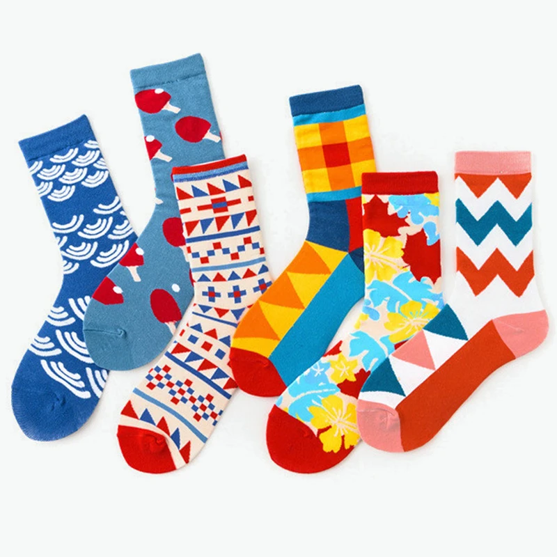 Fashion Trend Geometric Thread Line Unisex Sports Cotton Socks with Print Funny Medium Colorful Street Style Socks Set 5 Pairs