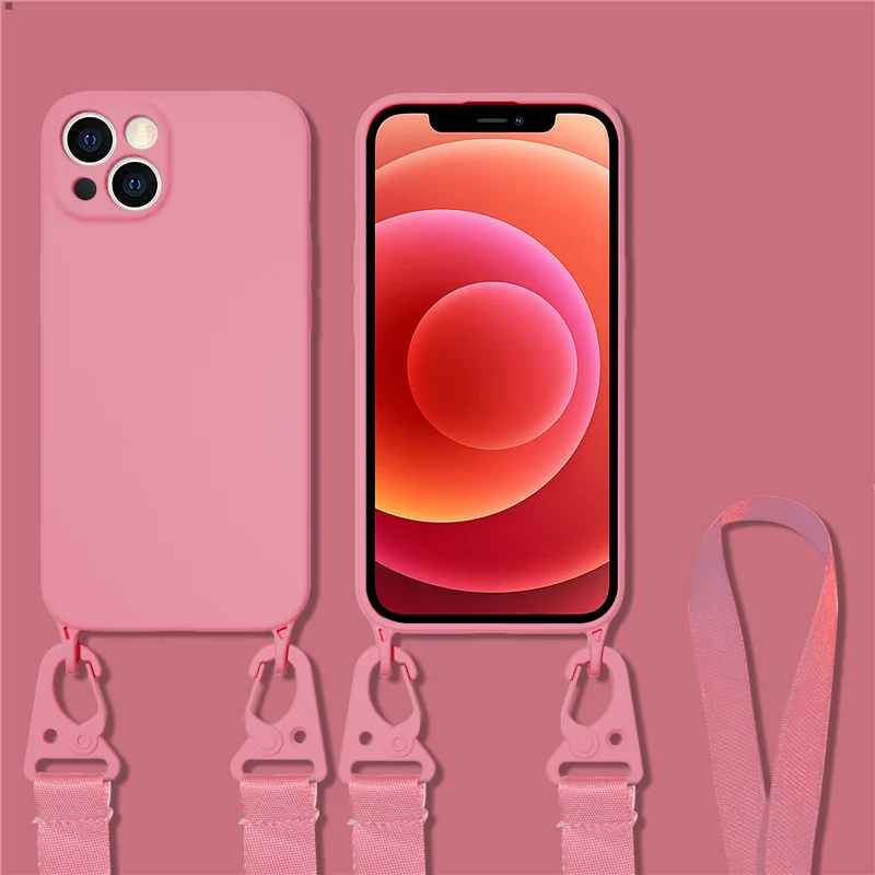 

Crossbody Lanyard Cord Rope Strap Case For iPhone 11 12 14 13 Pro Max Mini XS X XR 7 8 Plus SE Shockproof Liquid Silicone Cover