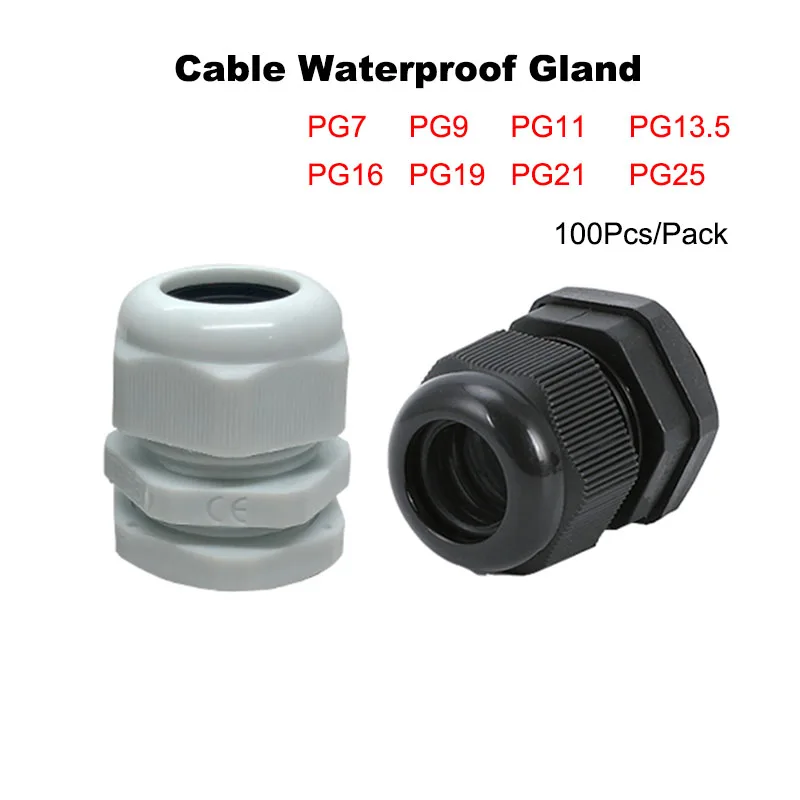 

100Pcs Waterproof Cable Gland Black White PG7/9/11/13.5/16/21/25 For 3-14mm Nylon Plastic Sealed Fixed Head IP68 Wire Connector