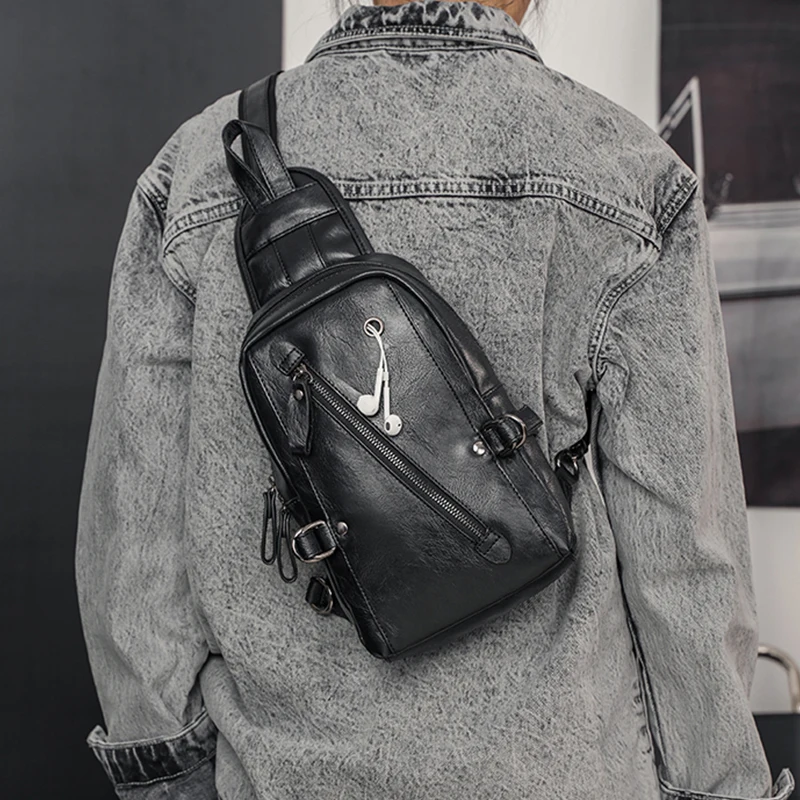 Mens Bags Across Shoulder Black Single Belt Chest Crossbody Purse Motorcycle Style Male Sling Back Pack Leather Bag for Men