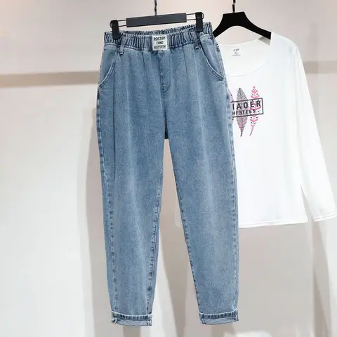 Oversize 5xl High Waist Elastic Waist Ankle-length Harem Denim Pants Women Simple Basic Loose Streetwear Women Pants Vaqueros
