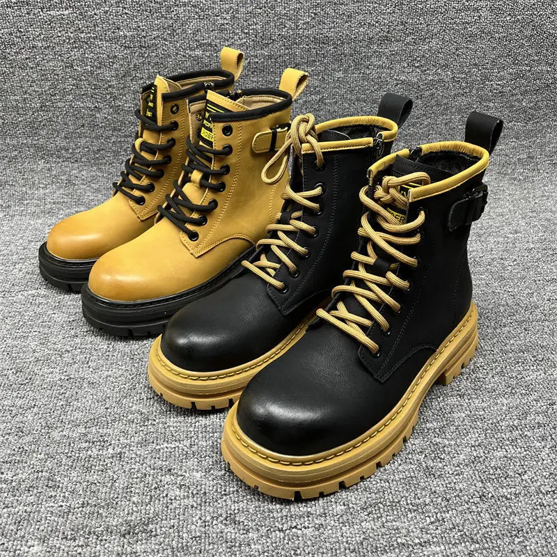 

Women Boots Ankle Boots Leather Platform Round Toe Boots British Style Boots Designer Brand Luxury Women Shoes Botas Mujer E283